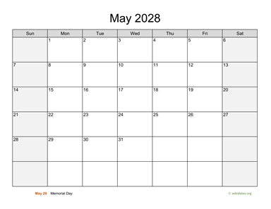 May 2028 Calendar with Weekend Shaded