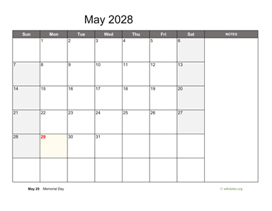 May 2028 Calendar with Notes