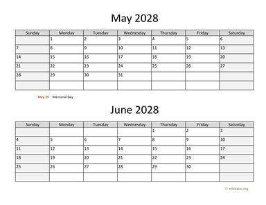 May and June 2028 Calendar Horizontal