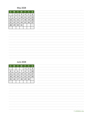 May and June 2028 Calendar with Notes