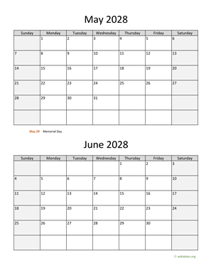 May and June 2028 Calendar Vertical