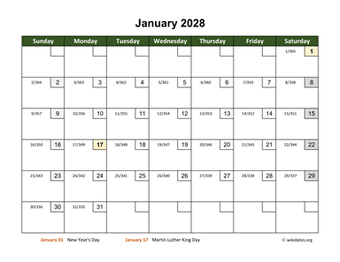 Monthly 2028 Calendar with Day Numbers