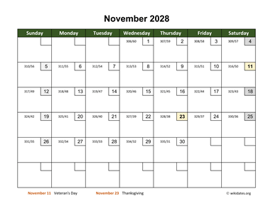 November 2028 Calendar with Day Numbers