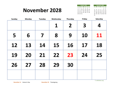 November 2028 Calendar with Extra-large Dates
