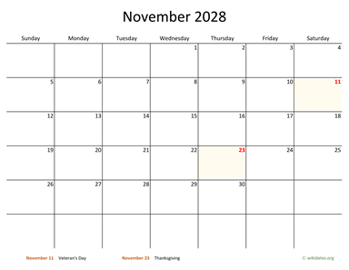 November 2028 Calendar with Bigger boxes