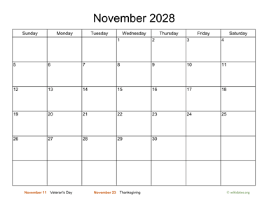 Basic Calendar for November 2028