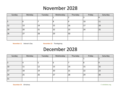 November and December 2028 Calendar Horizontal