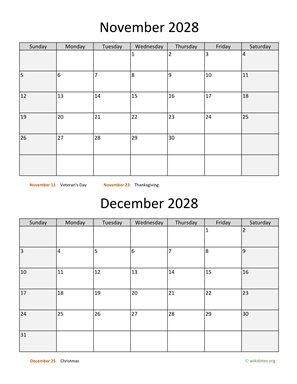 November and December 2028 Calendar Vertical