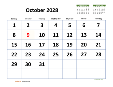 October 2028 Calendar with Extra-large Dates