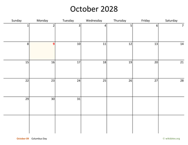 October 2028 Calendar with Bigger boxes