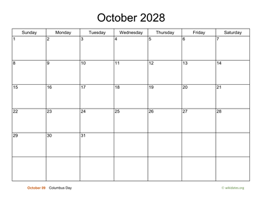 Basic Calendar for October 2028