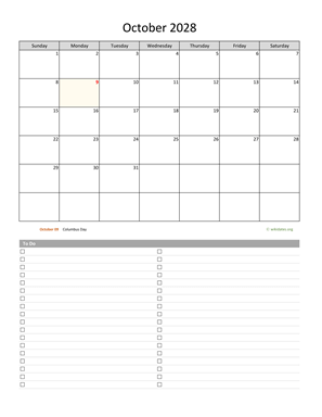 October 2028 Calendar with To-Do List