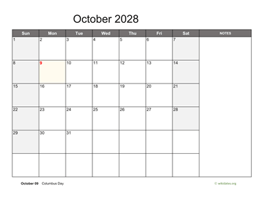 October 2028 Calendar with Notes