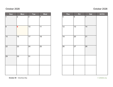October 2028 Calendar on two pages