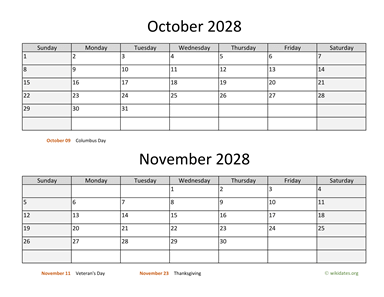 October and November 2028 Calendar Horizontal