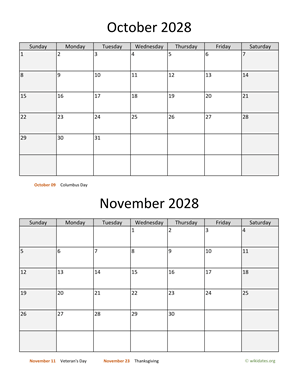 October and November 2028 Calendar Vertical