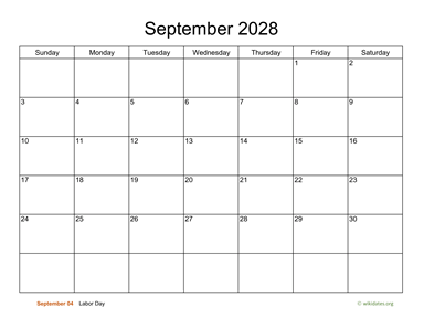 Basic Calendar for September 2028