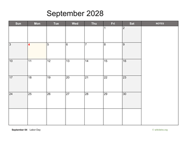 September 2028 Calendar with Notes