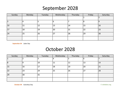 September and October 2028 Calendar Horizontal