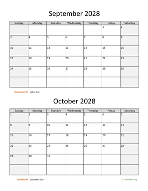 September and October 2028 Calendar Vertical