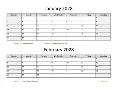 Two Months 2028 Calendar Horizontal