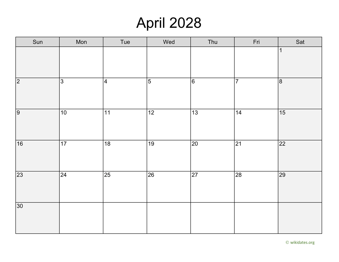 April 2028 Calendar With Weekend Shaded