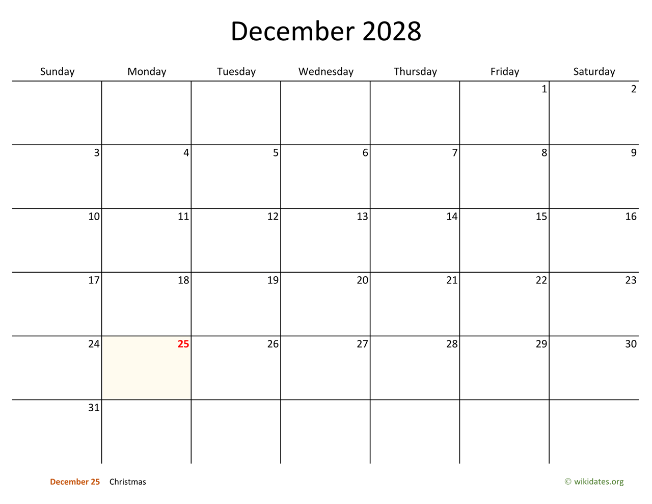 December 2028 Calendar With Bigger Boxes