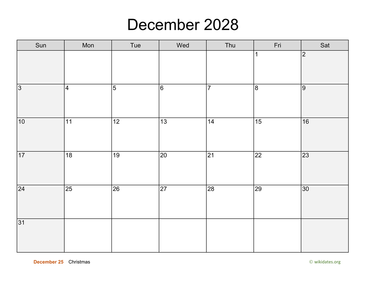 December 2028 Calendar With Weekend Shaded