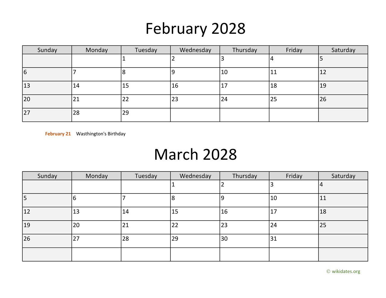 February and March 2028 Calendar  WikiDates.org