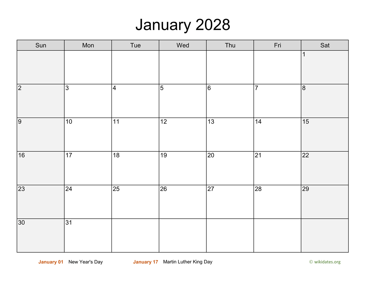 January 2028 Calendar with Weekend Shaded