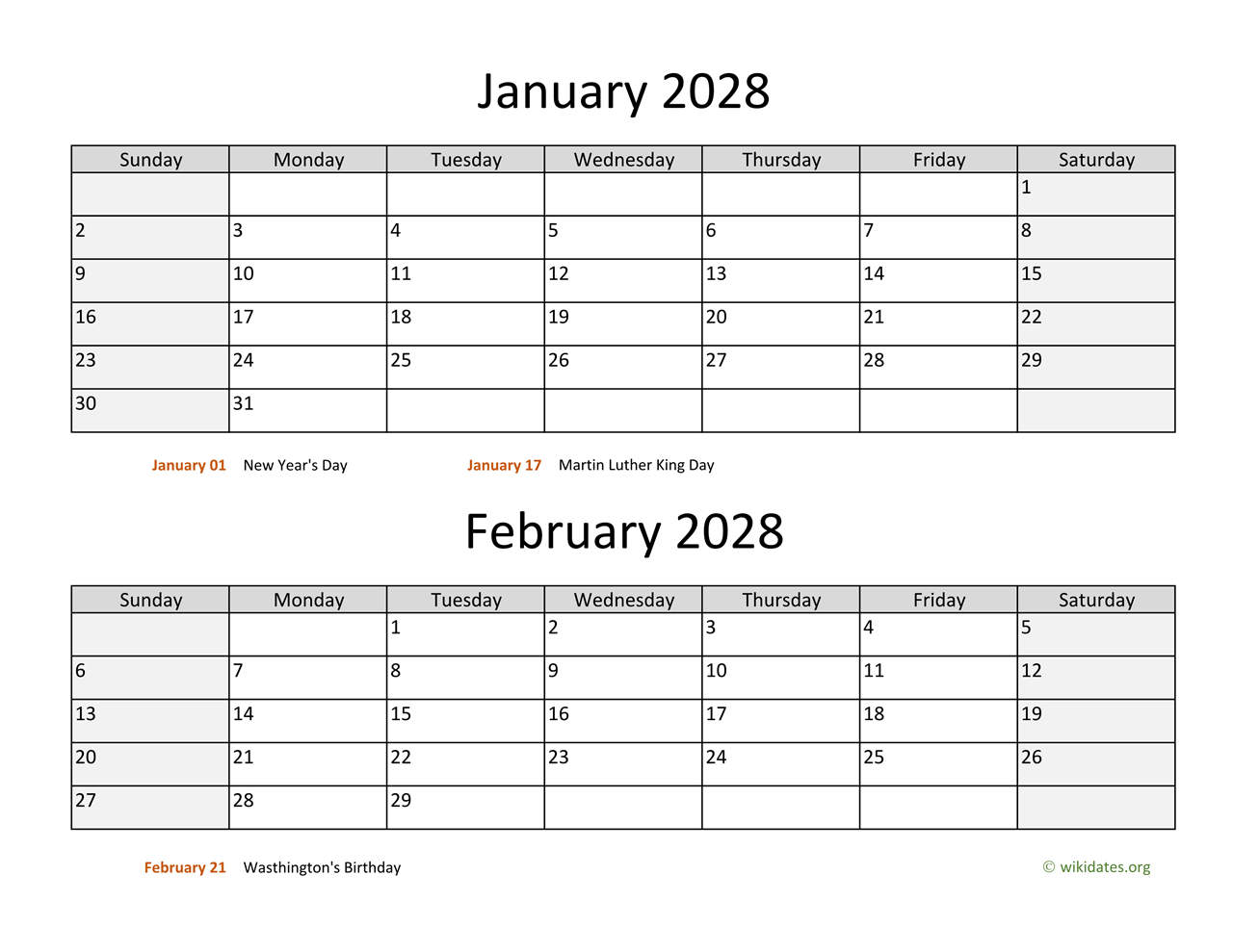 January and February 2028 Calendar
