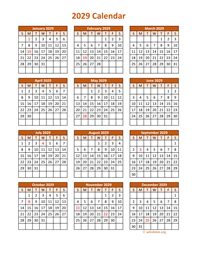 Full Year 2029 Calendar on one page