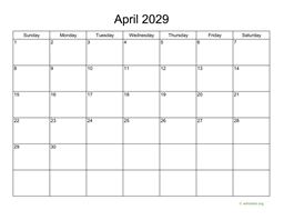 Basic Calendar for April 2029