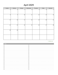 April 2029 Calendar with To-Do List