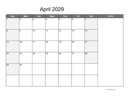 April 2029 Calendar with Notes