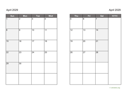 April 2029 Calendar on two pages
