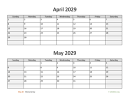 April and May 2029 Calendar