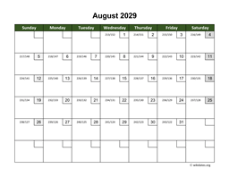 August 2029 Calendar with Day Numbers