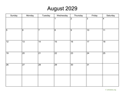 Basic Calendar for August 2029