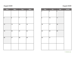 August 2029 Calendar on two pages