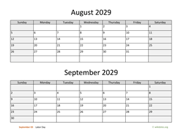 August and September 2029 Calendar