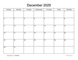 Basic Calendar for December 2029