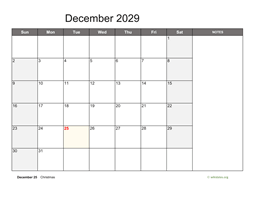 December 2029 Calendar with Notes