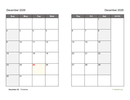 December 2029 Calendar on two pages