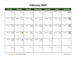 February 2029 Calendar with Day Numbers