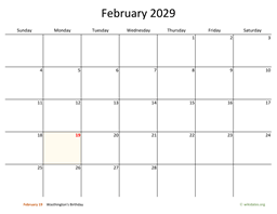 February 2029 Calendar with Bigger boxes