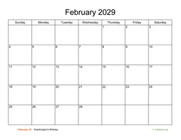 Basic Calendar for February 2029