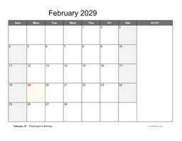 February 2029 Calendar with Notes