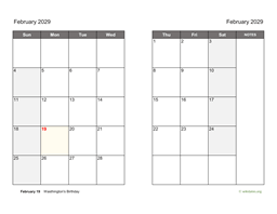 February 2029 Calendar on two pages