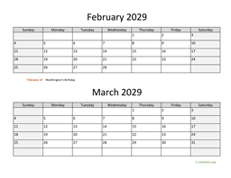 February and March 2029 Calendar